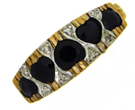 A 9ct gold ring set with heart shaped sapphires &amp; small diamonds, 2.6g, size M/N