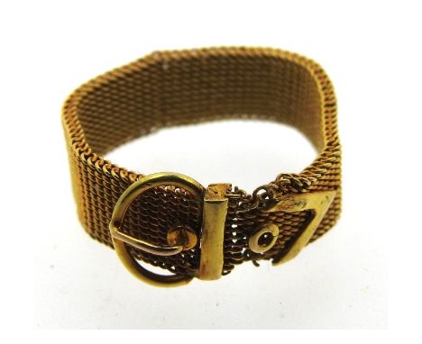 A yellow metal mesh buckle ring a/f, tests electronically as 14ct gold, 2.5g, size M/N