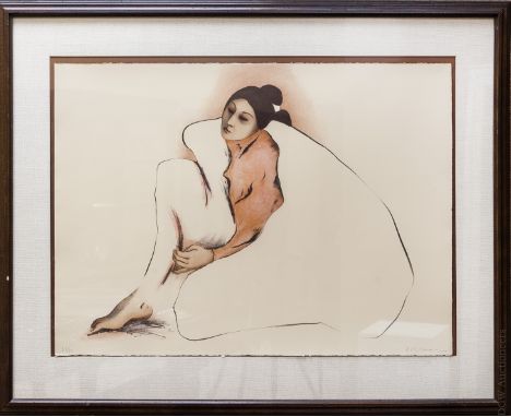 R. C. Gorman lithograph, "Woman from Indian Wells", #63/70, signed R. C. Gorman 1977. Paper label verso from Garelick's Galle
