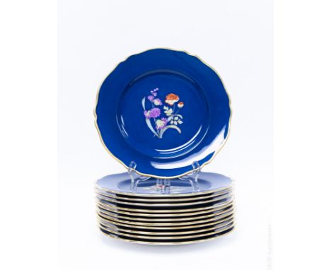 Set of (12) Spode porcelain Y3697 dinner plates. Blue ground with various flowers with the names on the back of the plates. (