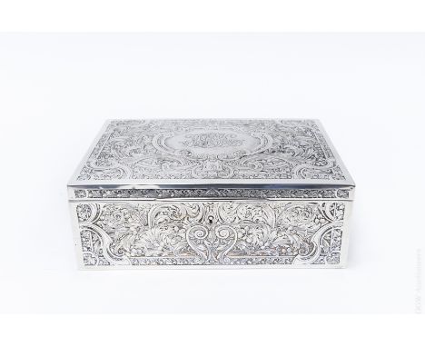 William B. Kerr Sterling silver dresser box. Elaborately detailed, monogrammed and with cedar lining. Axe with 3 'x's mark, 1