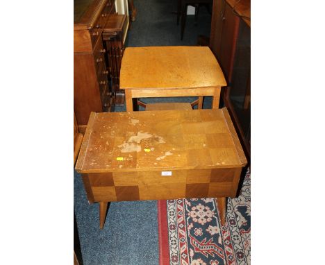 A VINTAGE SEWING BOX  A/F TOGETHER WITH THREE OCCASIONAL TABLES (4)