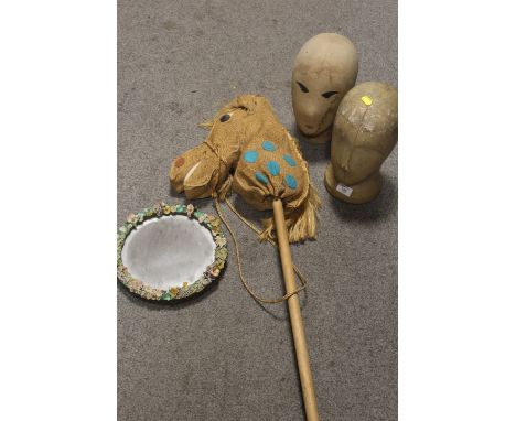 TWO VITNAGE MANNEQUIN HEADS / WIG STANDS TOGETHER WITH A MIRROR AND A HOBBY HORSE