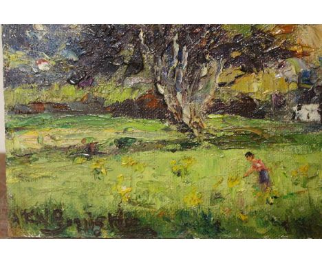 A SMALL UNFRAMED IMPRESSIONIST  OIL ON BOARD ENTITLED VERSO 'PRESTATYN' SIGNED LOWER LEFT K W BANISTER ;