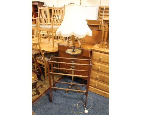 A VINTAGE MAHOGANY STANDARD LAMP AND SHADE TOGETHER WITH A TOWEL RAIL  (2)