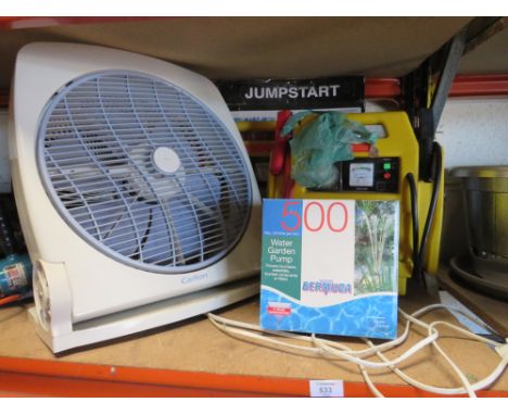 A CARLTON COOLING FAN, POND PUMP AND TWO STARTER PACKS