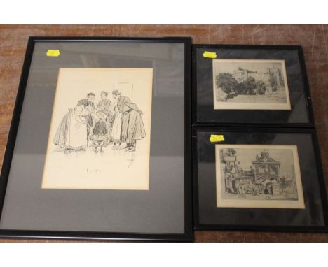A PHIL MAY LITHOGRAPH ILLUSTRATION ENTITLED 'LOST' TOGETHER TWO SMALL ETCHINGS (3)