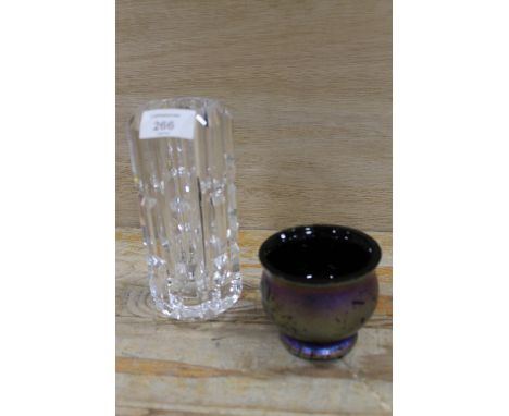 A ORREFORS FACETED GLASS VASE TOGETHER WITH A ROYAL BRIERLEY STYLE LUSTRE BUD VASE