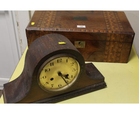 A LARGE TUNBRIDGE STYLE WRITING SLOPE TOGETHER WITH A MANTLE CLOCK (2)