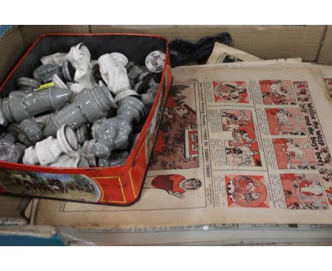 A TIN OF CERAMIC CHESS PIECES TOGETHER WITH A SMALL QUANTITY OF VINTAGE COMICS