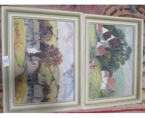 A PAIR OF IMPRESSIONIST OIL ON BOARDS OF COUNTRY VILLAGES SCENES, BOTH SIGNED BY RUBY BOSTOCK