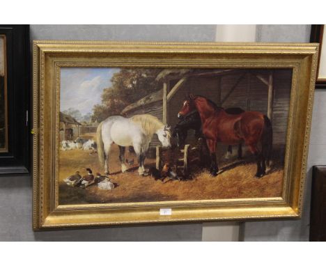 A GILT FRAMED PRINT ON CANVAS IN THE STYLE OF OIL ON CANVAS OF A TRADITIONAL FARM YARD SCENE TOGETHER WITH ANOTHER. 