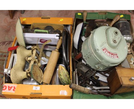 TWO TRAYS OF ASSORTED KITCHENALIA TO INCLUDE SCALES ETC