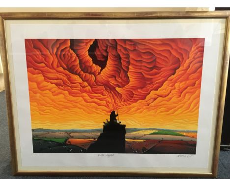 Mackenzie Thorpe (b. 1956), landscape view of shepherd in silhouette beneath a vividly lit sky, 'First Light', limited editio