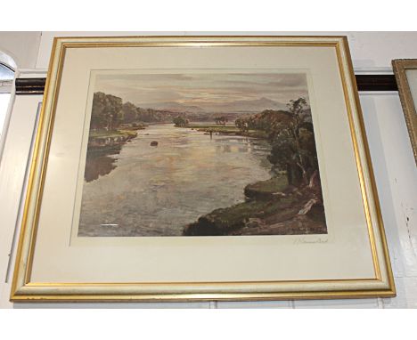 After Samuel John Lamorna Birch (1869-1955), river landscape view at sunset, colour print, blind stamped and signed in pencil