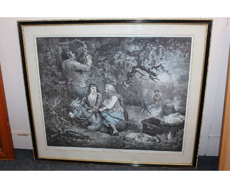 After George Morland, couple and donkey beside a man cutting twigs, two figures warm themselves at a fire in the background, 