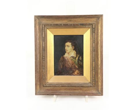 A miniature portrait of Lord Byron after James Holmes, oil on wood, unsigned, inscribed verso "Lord Byron painted shortly bef