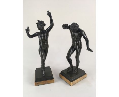 After the antique, a pair of 19th century bronze figures of the Dancing Faun of Pompeii and the Dancing Faun with cymbals, ea