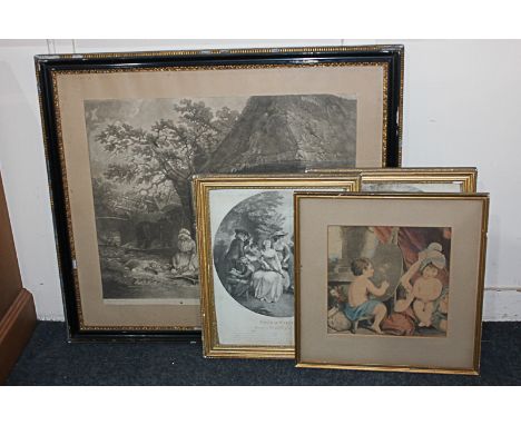 After George Moreland figures and animals in a farmyard, entitled 'Feeding the Pigs', monochrome print published by JR Smith,