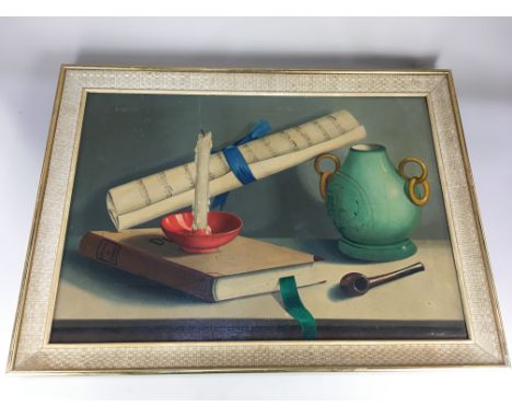 S. Ottaviani (mid 20th century), still life of green vase, book, candle, music and pipe, oil on canvas, signed, paper label v