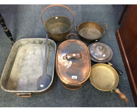 A copper fish kettle 51cm, a large copper rectangular roasting pan, a long handled server, a bronze pan, a coper pan, a silve