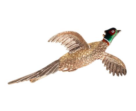 A 9CT GOLD AND COLOURED ENAMEL PHEASANT BROOCH the reverse stamped "J.G &amp; S 9ct", 5cm long, (c. 4.5grams total weight), i