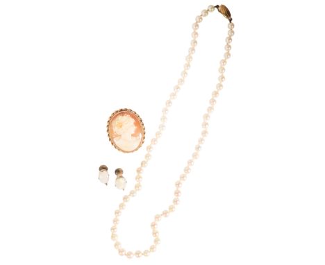 A CULTURED PEARL NECKLACE each pearl knotted; together with a cameo brooch mounted in 9ct gold; and a pair of opal earrings (