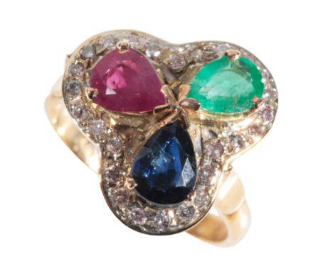 AN EMERALD, RUBY, SAPPHIRE AND DIAMOND RING the central tear-drop cut ruby, sapphire and emerald surrounded by a diamond-set 