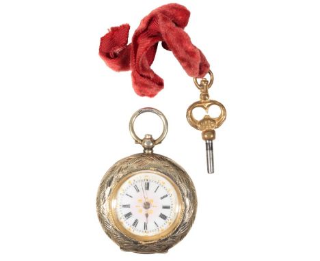 A 14CT GOLD FOB WATCH with key wind movement, the white enamel dial with black Roman numerals and gold hands, no. 45218, the 