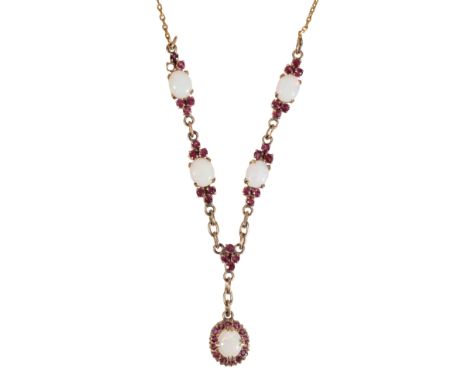 AN OPAL AND RUBY NECKLACE the gold chain stamped 14K, 43cms long