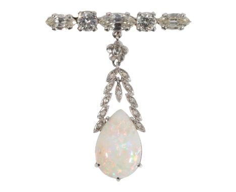 A DIAMOND AND OPAL BROOCH the pear-cut opal suspended from a diamond-set bar of three baguette-cut and two brilliant-cut diam