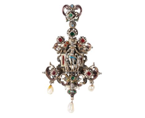 AN AUSTRO-HUNGARIAN ENAMEL AND GEMSTONE BROOCH/ PENDANT with seed pearl drops, set in unmarked white metal, 8cms long
