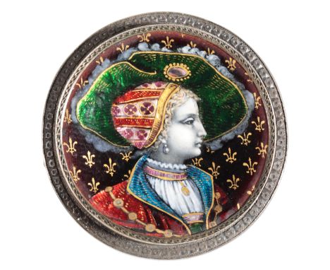 A 19TH CENTURY FRENCH LIMOGES COLOURED ENAMEL BROOCH of a female head and shoulders, within a white metal mount, 30mm diamete