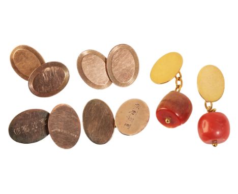 THREE PAIRS OF GOLD CUFFLINKS two pairs 9ct gold, (c.15.1grams); one pair 18ct gold with chain connections to coral, (c.8.1gr