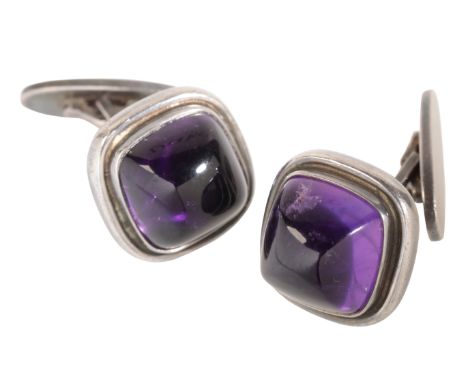 GEORG JENSEN: A PAIR OF AMETHYST "SUGAR LOAF" CUFFLINKS the curved silver bar connections with Georg Jensen mark, contained i