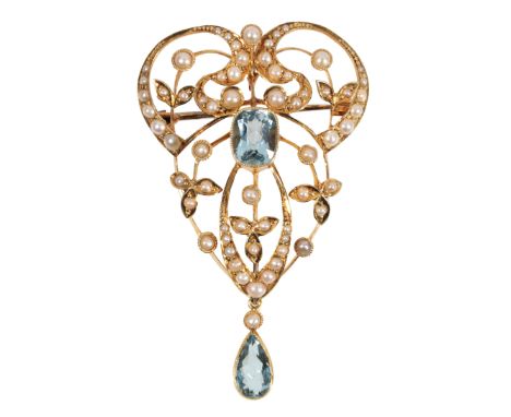 AN EDWARDIAN SEED PEARL AND AQUAMARINE PENDANT/BROOCH the reverse stamped "15ct" (c.6grams total weight)