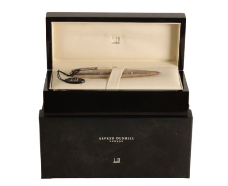 ALFRED DUNHILL: A SILVER BALLPOINT PEN in a fitted lacquered case and outer card presentation case