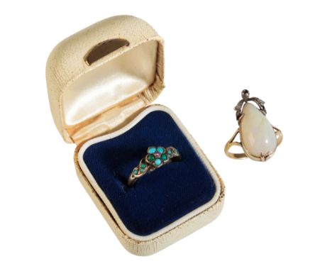 AN OPAL AND DIAMOND DRESS RING on an 18ct yellow gold shank, ring size P-Q; together with a turquoise dress ring, on an 18ct 