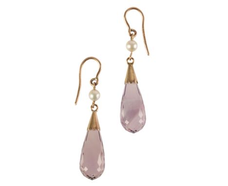 A PAIR OF BRIOLETTE-CUT AMETHYST AND SEED PEARL EARRINGS with fish hook fasteners
