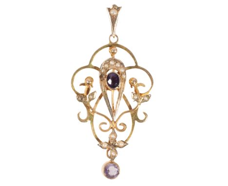 AN AMETHYST AND SEED PEARL PENDANT 5cms long (including the suspension loop)