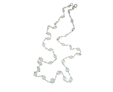 AN AQUAMARINE AND BAROQUE PEARL NECKLACE each graduated aquamarine interspersed with a baroque pearl, set in unmarked white m