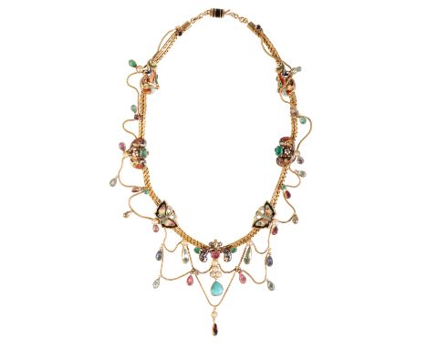 19TH CENTURY GEM-SET AND ENAMEL FRINGE NECKLACE on unmarked yellow metal, 38cms long, (c.40grams total weight)