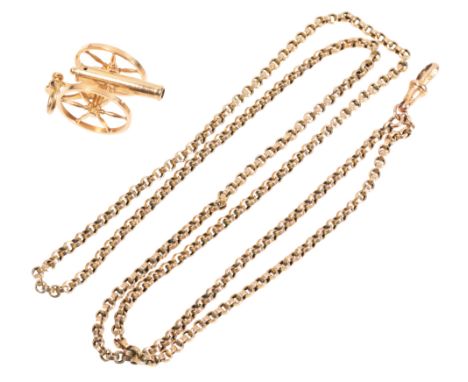A 9CT GOLD FOB CHAIN with attached cannon pendant, the pendant unmarked (c.8.1grams), attached to a 9ct gold fob chain, (c.11