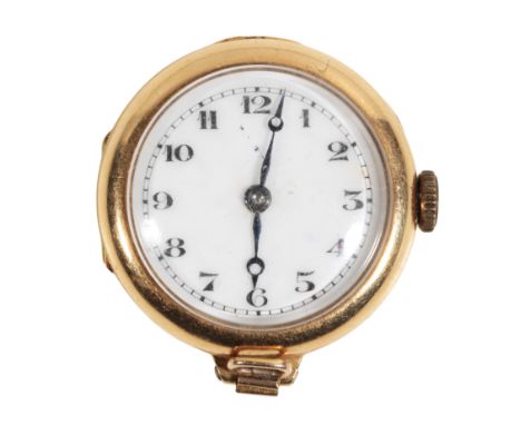 AN 18CT GOLD LADY'S WRISTWATCH with manual wind movement, the white enamel dial with black Arabic numerals and dark blue stee