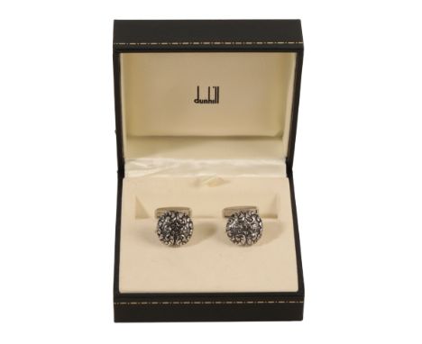 DUNHILL: A PAIR OF GENTLEMAN'S SILVER CUFFLINKS with embossed scroll decoration, in a fitted presentation case