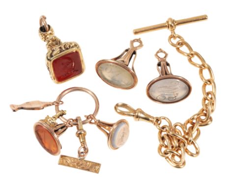 AN 18CT GOLD SHORT FOB CHAIN (c.29grams) together with a collection of unmarked yellow metal fob seals