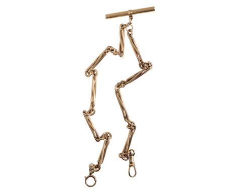 AN UNMARKED YELLOW GOLD FOB CHAIN with attached T-bar, 34cms long, (c.27.3grams)
