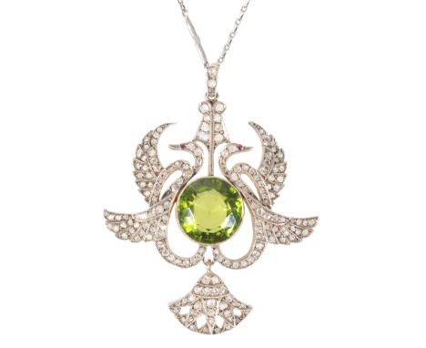 A DIAMOND AND PERIDOT PENDANT NECKLACE the round-cut faceted peridot collet-set between two open-work stylised birds with rub