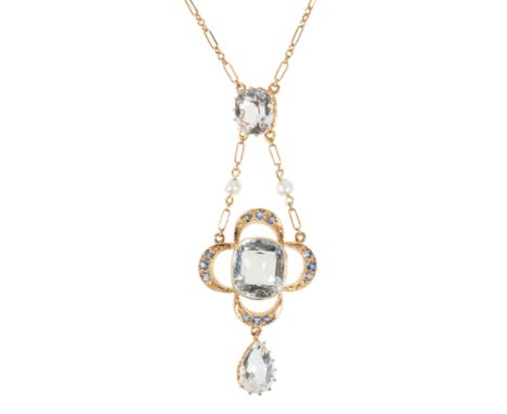 A BELLE EPOQUE AQUAMARINE, SAPPHIRE AND SEED PEARL PENDANT NECKLACE attached to a 15ct yellow gold chain, 42cms long