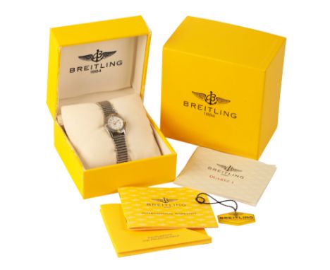 BREITLING 'CALLISTINO': A LADY'S STAINLESS STEEL BRACELET WATCH with quartz movement, the white dial with gold Arabic and bat